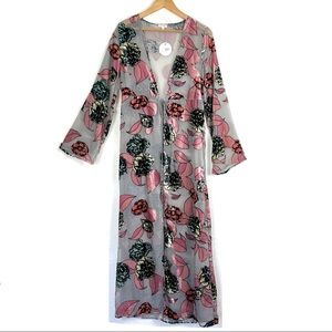 NWOT EN CREME Velvet Burnout Silver Floral Maxi Kimono Style Duster